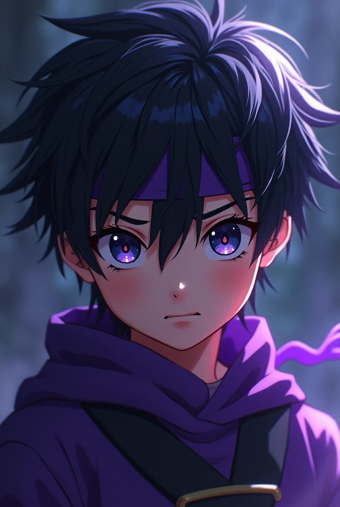 a young anime boy with purple headband, deadly aura, hyperrealistic, detailed face, beautiful eyes, striking expression, dark clothing, mysterious background, cinematic lighting, dramatic shadows, digital painting, concept art style, vibrant colors, moody atmosphere, fantasy theme