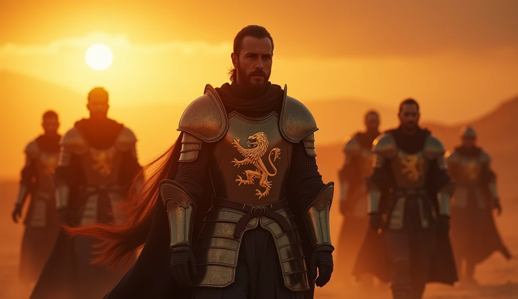 (Desert landscape:1.2), (sunset lighting:1.3), (group of knights:1.4), (lion emblem on armor:1.5), (intense gazes:1.3), (golden light reflecting on armor:1.2), (dramatic shadows), (warm tones of sunset), (slightly lifted cloaks by desert winds), (twilight blending with sunset:1.1), (focus on lion emblem), (epic atmosphere), (highly detailed:1.4), (masterpiece), (photorealistic:1.3), (8K resolution)
