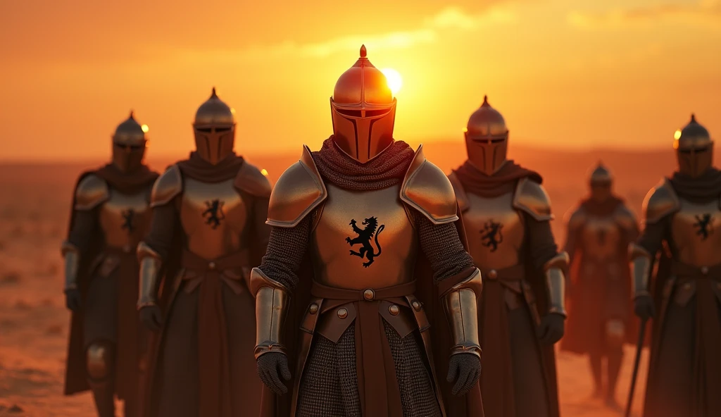 (Desert landscape:1.2), (sunset lighting:1.3), (group of knights:1.4), (lion emblem on armor:1.5), (intense gazes:1.3), (golden light reflecting on armor:1.2), (dramatic shadows), (warm tones of sunset), (slightly lifted cloaks by desert winds), (twilight blending with sunset:1.1), (focus on lion emblem), (epic atmosphere), (highly detailed:1.4), (masterpiece), (photorealistic:1.3), (8K resolution)