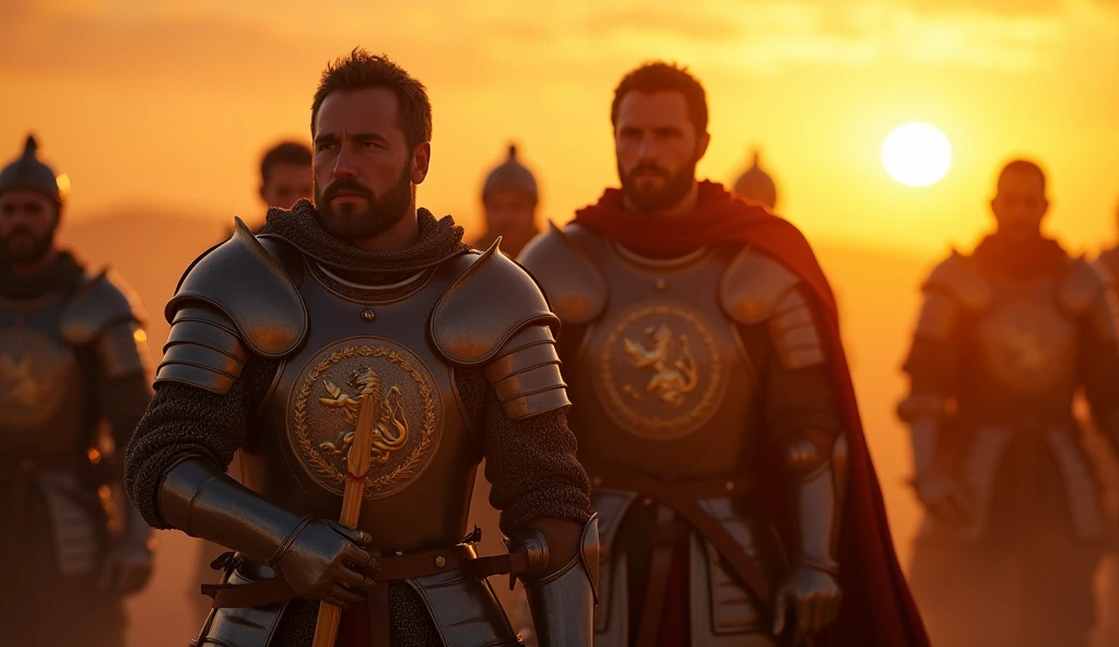 (Desert landscape:1.2), (sunset lighting:1.3), (group of knights:1.4), (lion emblem on armor:1.5), (intense gazes:1.3), (golden light reflecting on armor:1.2), (dramatic shadows), (warm tones of sunset), (slightly lifted cloaks by desert winds), (twilight blending with sunset:1.1), (focus on lion emblem), (epic atmosphere), (highly detailed:1.4), (masterpiece), (photorealistic:1.3), (8K resolution)