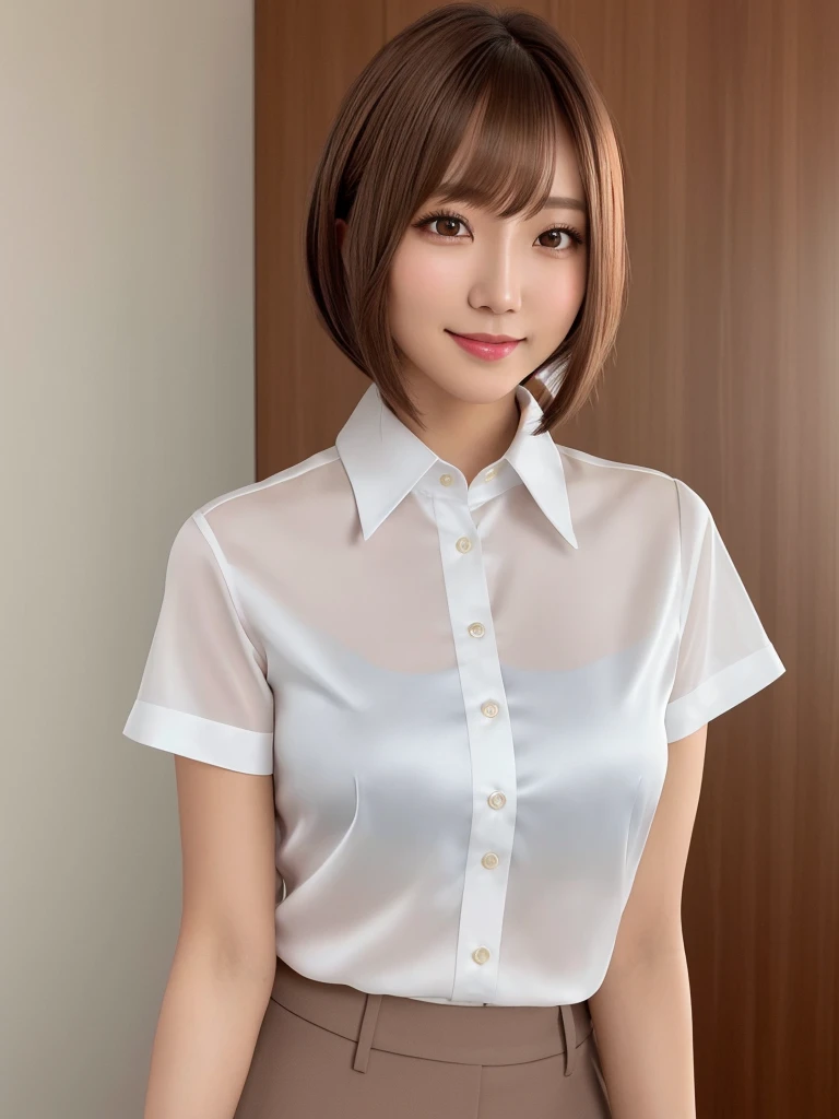 product quality, 1 girl, a cowboy shot, front view, a Japanese young pretty girl, bob hair, standing in front of her closet, glamorous figure, wearing a long length and short sleeves silky white shirt with collared, unbuttoned, wearing a silky under wear, a big smile, hyper cute face, glossy lips, double eyelids for both eyes, natural makeup, shiny smooth light brown bob hair, asymmetrical bangs, tanned skin, central image, high resolution, high detailing, detailed hairstyle, detailed face, cinematic lighting, octane rendering, vibrant, hyper realisitic, perfect limbs, perfect anatomy