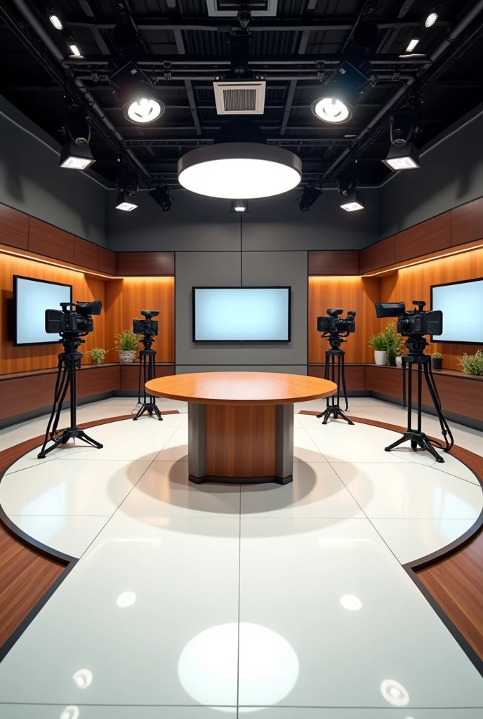 create a news studio. the colors must be different shades of brown and also grey. there's a table, TV's, and Cameras. The floor must be white. NO PEOPLE JUST STUDIO