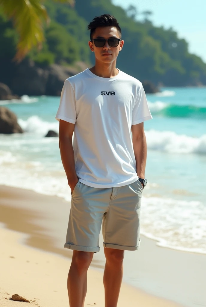 A -yeld boight brown skin，White mini-short shorts，Sports hot pants，Slender legs，largeeyes，short detailed hair，Tall and thin，Melon seed face，ssmile，In a dark background，Ocean blue T-shirt