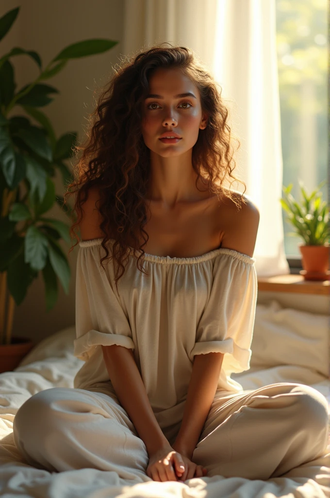 (photorealism:1.2), beautiful woman, sitting on bed, wearing loose off-shoulder top, pajama pants, long curly hair, indoors, soft lighting, plants in background, window with sunlight, cozy room, relaxed pose, realistic, intricate details, warm colors, by Greg Rutkowski, by Alphonse Mucha
