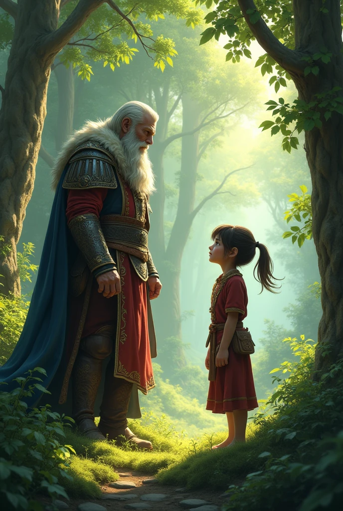 A powerful leader giving an invitation to a young, new adventurer in a forest