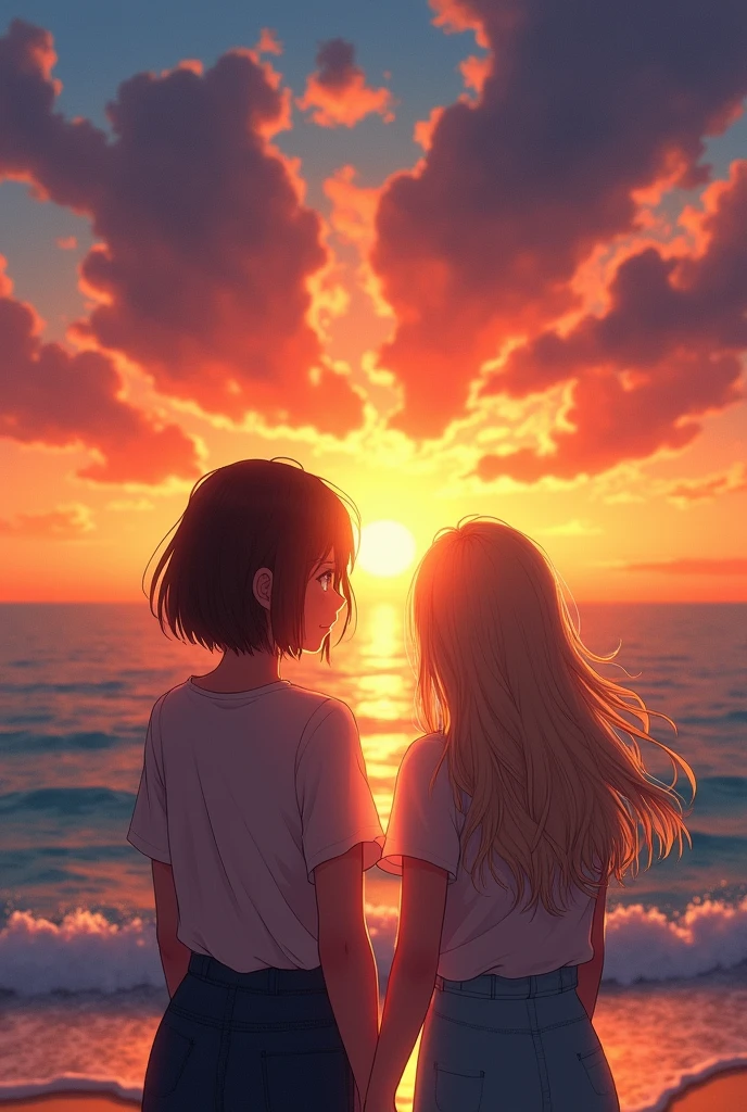 A couple of two girls. The one with brown hair and short hair is a little bigger than the one with blonde hair and they are watching the sunset and the one with blonde hair who has long hair is a little smaller than the one with brown hair is watching a sunset at sea.