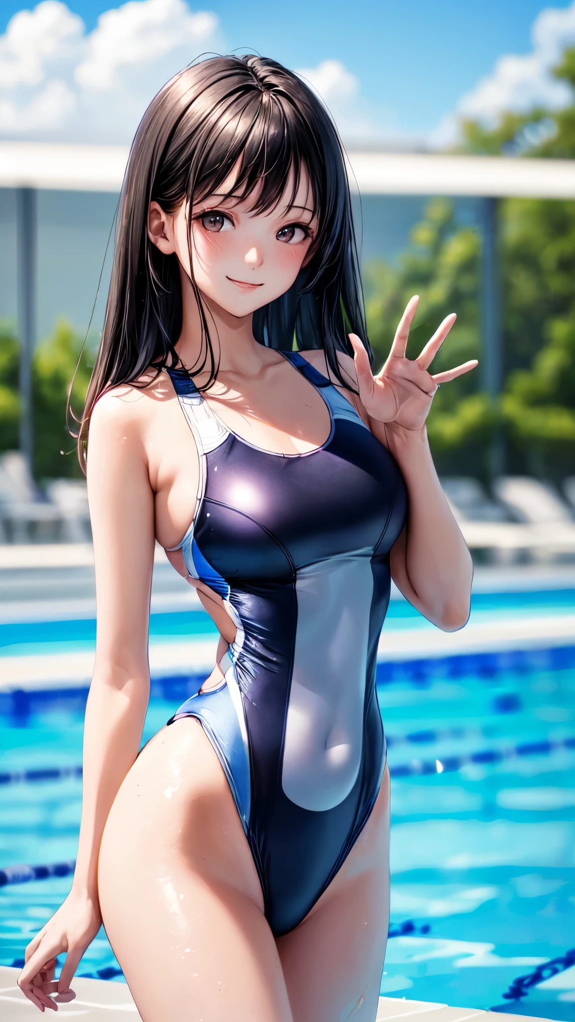 ((masterpiece,best quality,ultra detailed,high resolution)),(daytime,clear weather,bloom),((solo,girl)),(black hair,straight hair),(finely detailed skin,fair skin),slender,smile,(competition swimsuit),(on the pool,beautiful sky),waving hands,