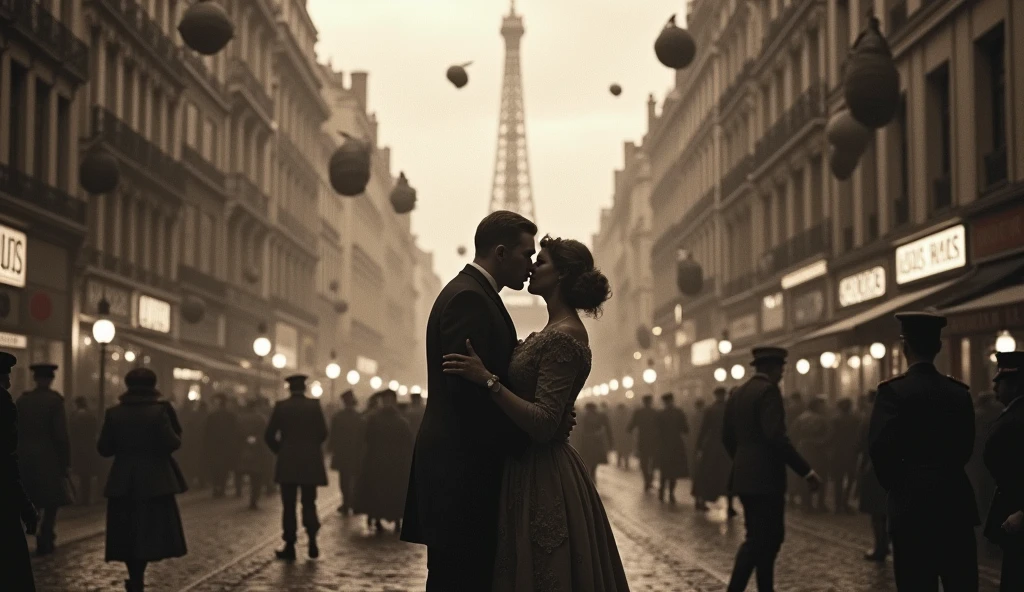 1914 Paris in chaos; couples kissing in the streets. Bombs falling from the sky