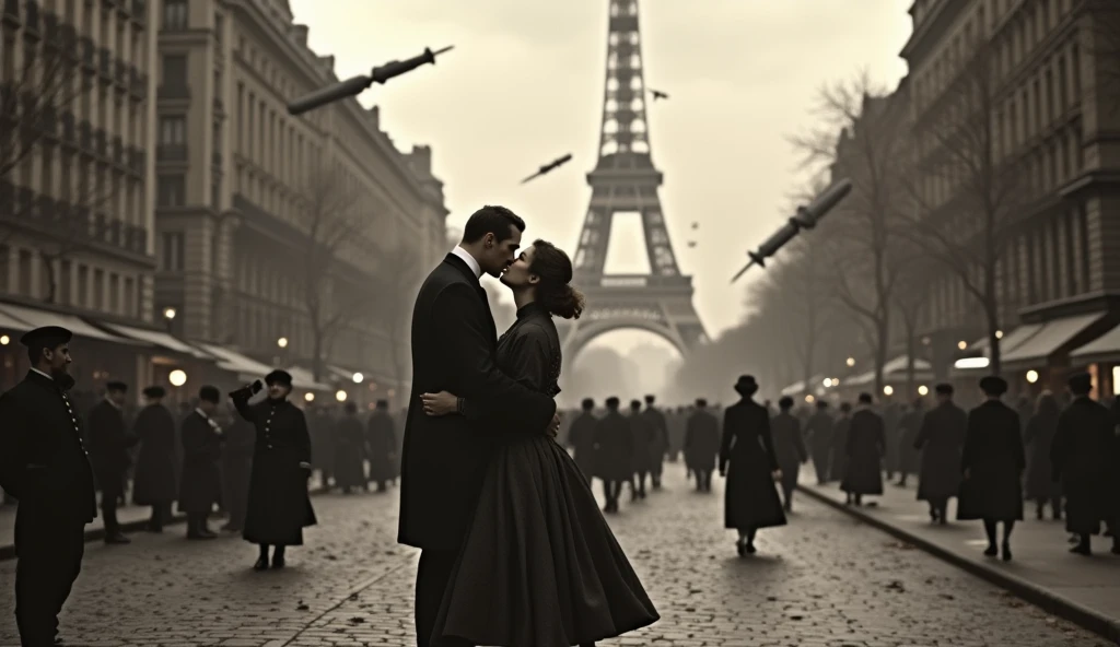 1914 Paris in chaos; couples kissing in the streets. Bombs falling from the sky