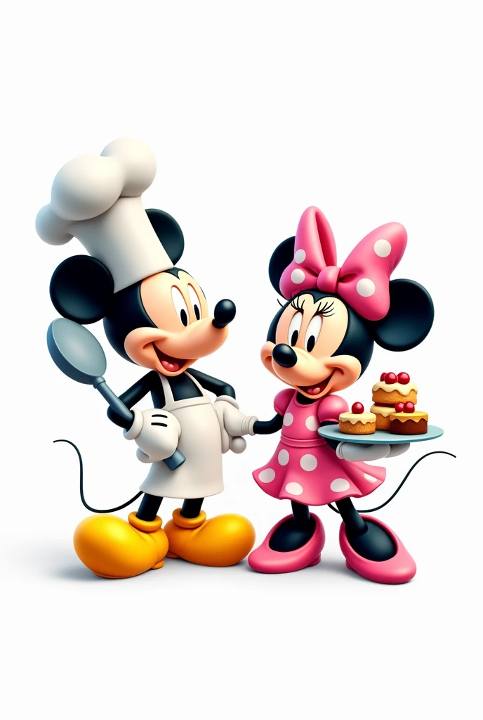 a cartoony full-body image of Mickey and Minnie Mouse as chefs. Mickey wears a white chef's hat, apron, and yellow shoes, holding a large cooking spoon. Minnie is in a pink dress with white polka dots and a matching bow, holding a tray of sweets. Both are smiling. The background is completely white, emphasizing the characters with simple shapes, bold outlines, and solid colors