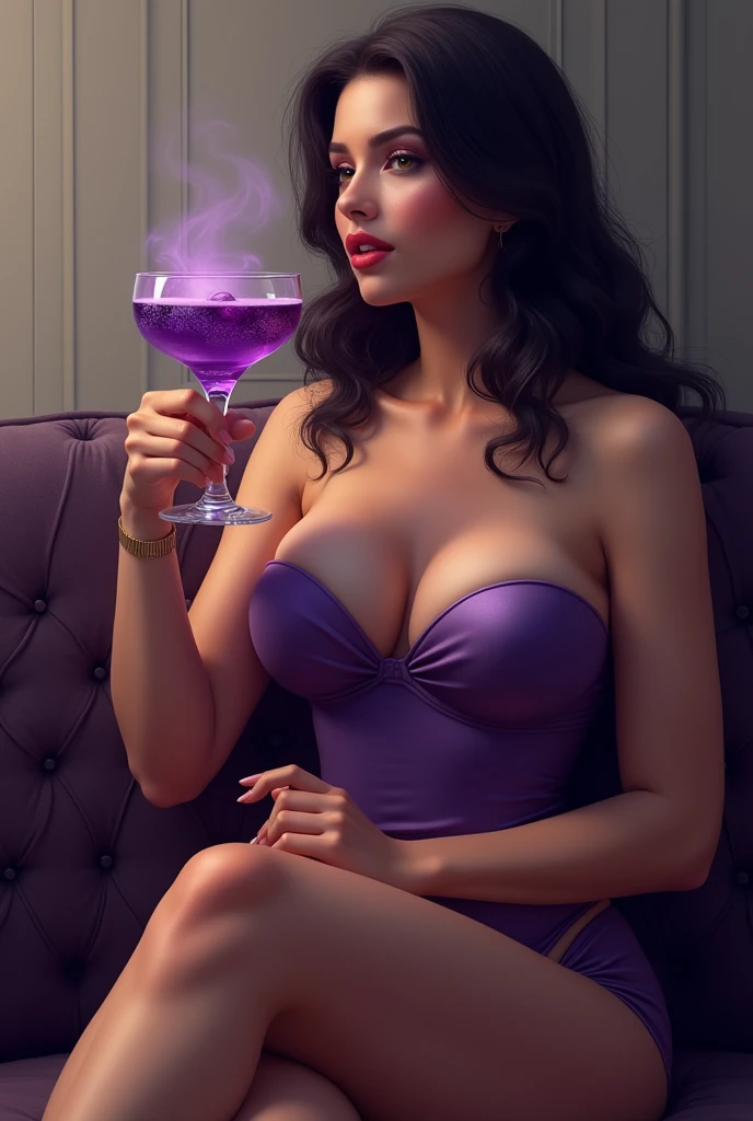 Big breaat girl, behind a purple daikiri, this drink is in a elegant cup