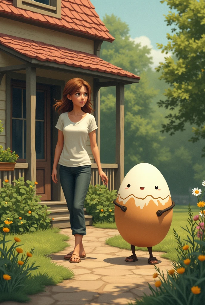 A young mother in casual clothes comes out of a country house where there is a garden with many trees to receive the eggs from the egg delivery man who is a little egg