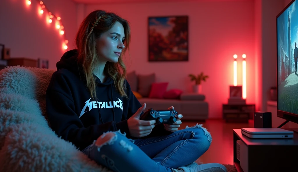 (Photorealism:1.2), Attractive Scandinavian woman in her mid-30s。, Wavy, shoulder-length auburn hair、small, A scattered braid hangs down the center of her hair.、Spacious, Cool with a black Metallica hoodie, She was wearing ragged blue jeans、In a dimly lit bedroom with red and orange RGB hanging from the ceiling、Sitting on a fluffy bean bag sofa、Xbox Series XでTom Clancy's Watching intently on a big screen TV while playing The Division 2。