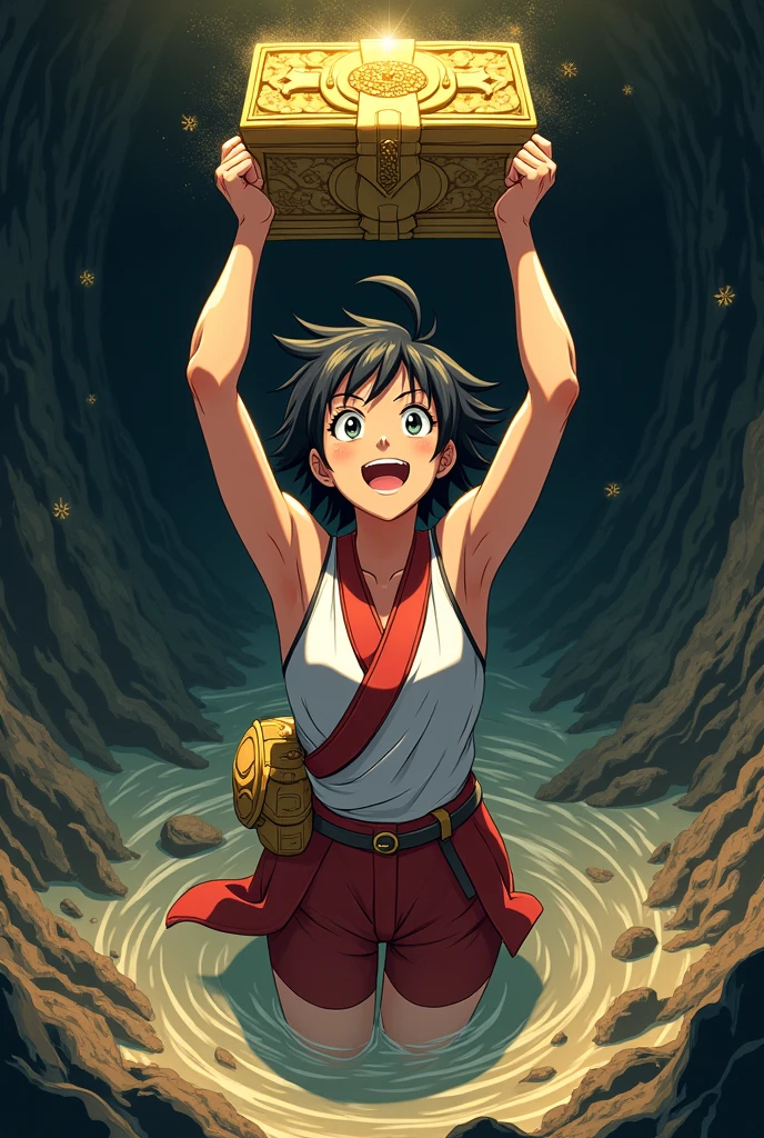 Japanese anime style,woman,地の底から這い上がっているwoman,treasure hunter,泥まみれのwoman,Holding the treasure,Japanese Style,アニメのwoman,Very happy