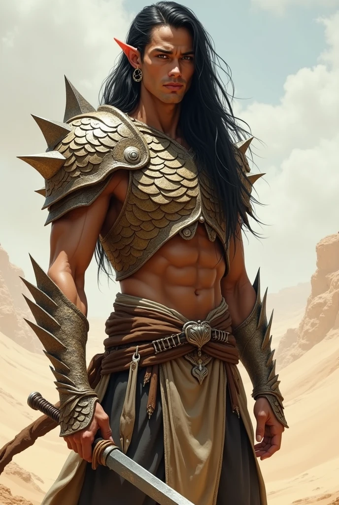 An elf man, tall with brown eyes and long black hair, light brown skin with small silver earrings and with light armor made of scales with small spikes, with colors reminiscent of desert sand, with two small daggers at his waist