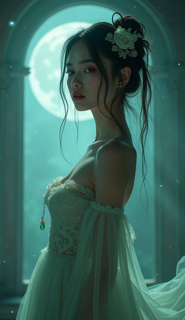 Unshredded Dress Girl, (masterpiece, Highest quality:1.2), One person, alone, Deep in Wonderland,The moonlight pours down like water,Foggy Room,The heroine's figure is vaguely visible,絵の中のLike a fairy,Slim sexy legs,Very nice legs,Sexy legs leaking,Big Breasts,美丽而又带着一丝mystery的色彩。Her face is beautiful and delicate,Like a finely carved piece of jade,Showing an otherworldly beauty。Beautiful eyebrows,The waves in my eyes are like twinkling stars,Show the light of patience and wisdom。The bridge of the nose is straight,Cherry-like lip color,Slightly upturned corners of the mouth convey confidence and composure.。Her face is clear,Her skin is as white as jade,Gives a healthy glow,Like a fairy, She'll never eat fireworks in this life。Her makeup is light and subtle.,Not too decorative,but、enough to show her temperament and charm。A light-toned foundation enhances the clarity of your skin.,Create the perfect brow shape with a lightweight eyebrow pencil,Eye makeup: eyeshadow and eyeliner,Make her eyes brighter and more cheerful。嘴唇涂上Grace的口红,Add a touch of glamour and sophistication。她的衣服Grace别致,Clothes fluttering,It's about to be blown away by the wind,Drifting Away。既不失Grace,She also、Demonstrated exceptional skill。Wear a wide belt around your waist,A transparent jade pendant hangs from it.,Swaying with her movements。Her hair is casually tied back,Fix with hosta,A few strands of hair are swaying gently in the wind,Add a little softness。Her figure emerges in the fairyland,宛如一道Big Breasts美丽的风景线,Charmed everyone'Note。She's like a fairy in Wonderland,Big Breasts美丽、Grace、mystery、full of power。