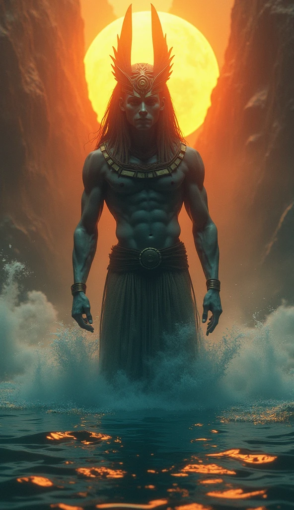 Create a stunning and realistic portrait of Atum, the primordial deity from Egyptian mythology, emerging from the primordial waters. Depict him as a solitary figure on a primordial mound. Include a detailed background and vibrant gradient colors. Use masterpiece, best quality, CG, wallpaper, HDR, high quality, ultra detailed face, cinematic, high detail, 8k, raw, high, artstation HQ, unreal engine, octane renderer, 4k resolution, hyperrealistic, highly detailed, and absurdres settings.