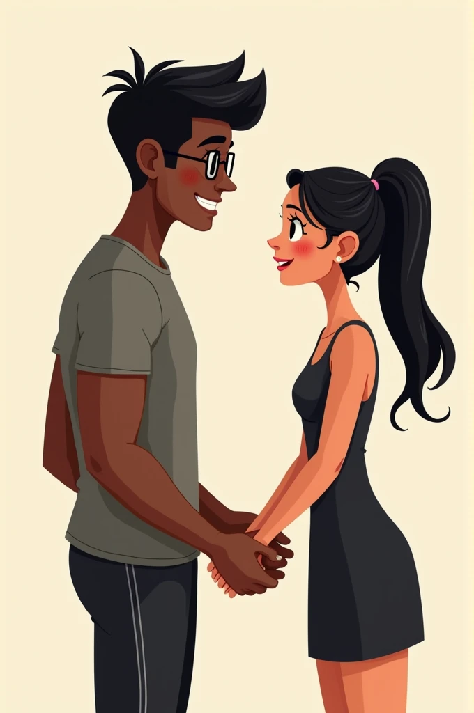 A cartoon of a man and a woman holding hands with much love, he is tall, thick arms, dark-skinned, with glasses, short black hair to one side, wearing sportswear, she is brunette, long straight black hair tied in a ponytail, and wearing a black dress.