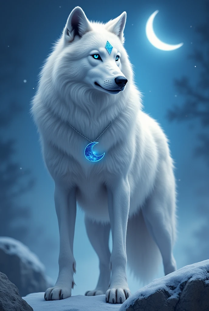 furry,male,wolf,white fur,deep blue eyes, crescent moon mark on foehead,wear light blue crescent moon amulet