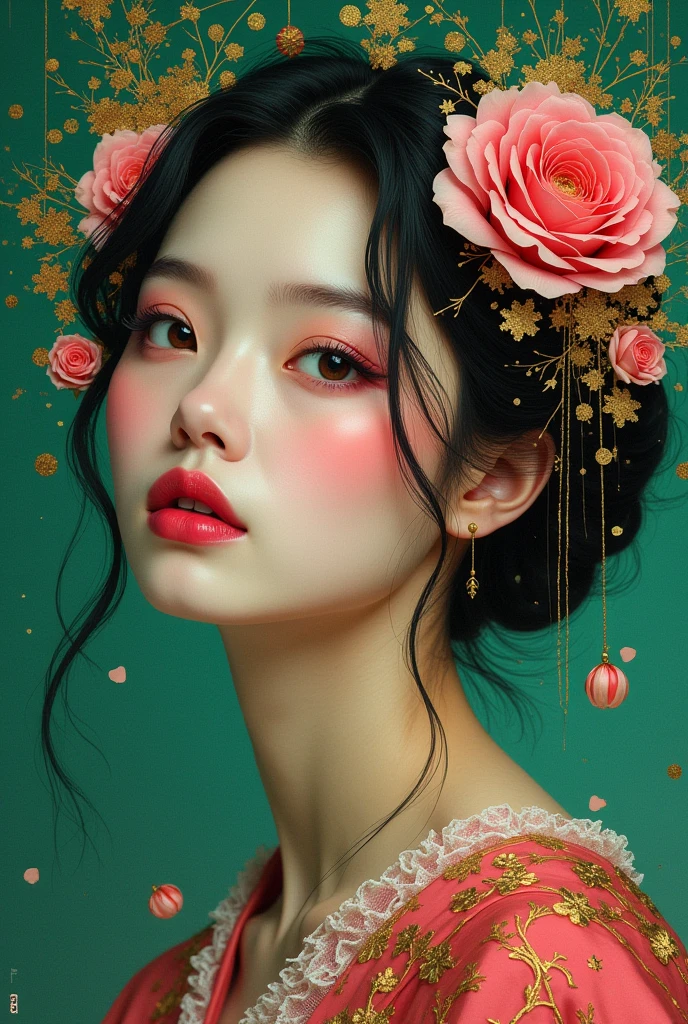 masterpiece, best quality, dynamic, cinematic, mystical, beautuful japanese girl, beautiful detailed eyes, beautiful detailed lips, extremely detailed eyes and face, long eyelashes, teacherly pose, advanced modern expressionism, rich textures, amalgamation of modern and classical influences, diverse materials, high contrast, pink rose, vivid colors, gold liquid splatter, emerald green background, breathtaking color palette, flowing elegance, sharp geometric symbolism, Leyendecker, Jackson Pollock splatter dynamics, Gustav Klimt ornamental gold, chiaroscuro, kaleidoscopic, multidimensional, ethereal glow, captivating uniqueness, surreal juxtapositions, visual symphony, unforgettable visual narrative, edgy, mathematical, simple-shaped vectors, highly modern, stylistic, polygonal abstraction, vector art, bold lines, minimalist color scheme, digital art, abstract geometry
