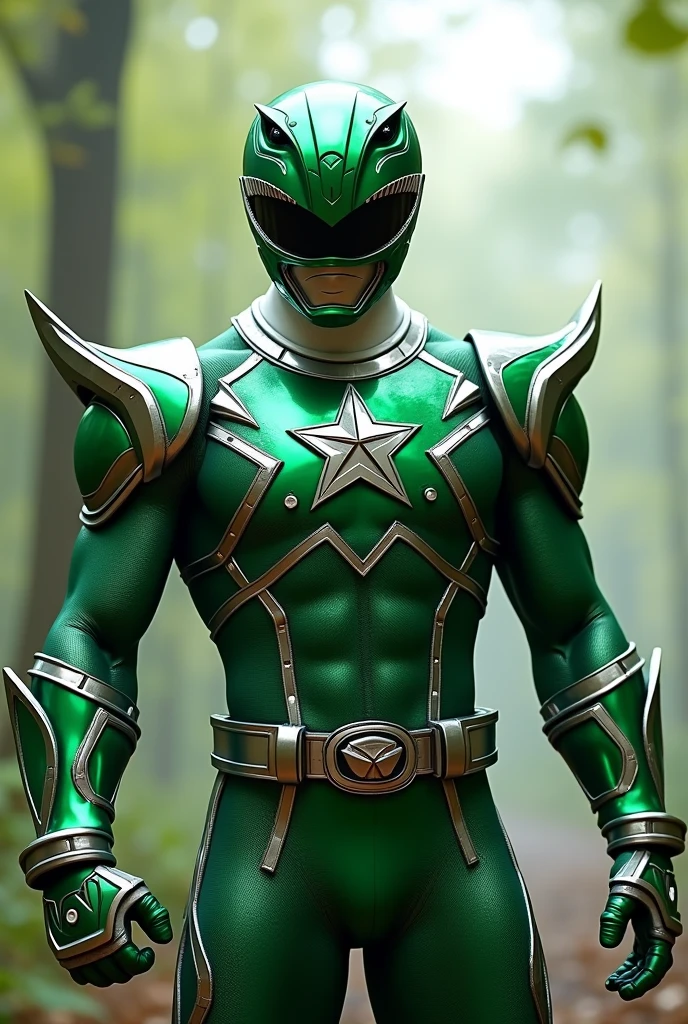 Full body photorealistic handsome hunky masculine green Power Ranger,,unreal engine, extremely attractive male wearing green and silver scales transparent mesh bodysuit, with embosed " star " on the chest, with belt and gloves and helmet,,,extremely masculine physique, intricately detailed metal body armour, super bulge, realistic skin, in action, fantasy background