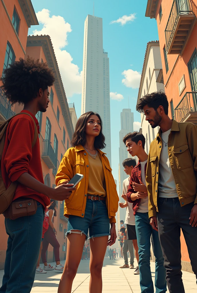 Music school young realistic humans in fine arts school with crazy urban clothing 1 in Mexico is the school light brown skin color