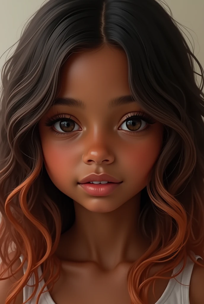 Dark-skinned girl with wavy brown hair with copper tips 
