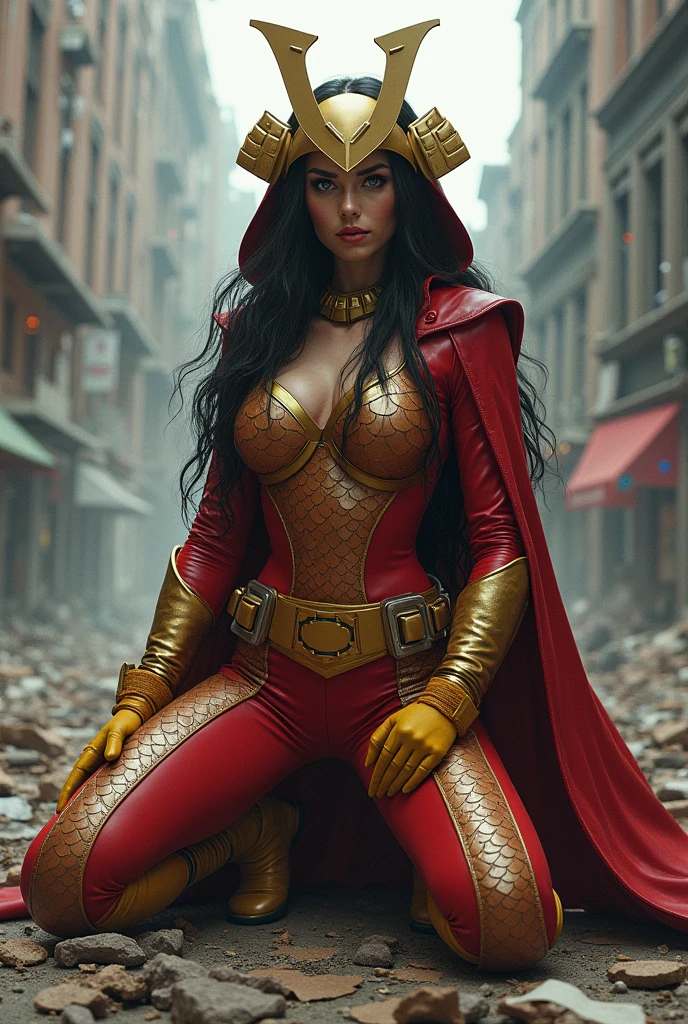 (((A beautiful woman under the cloak of Big Barda has long hair with a helmet her eyes are light blue. Her superheroine costume is samurai themed.. His usual costume includes a red leather jumpsuit with scales and a gold-colored armor top over his jumpsuit, a wide and thick gold-colored belt, burnt yellow boots and gloves. (((on his knees in an apocalyptic city with much destruction)))