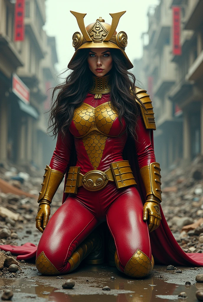 (((A beautiful woman under the cloak of Big Barda has long hair with a helmet her eyes are light blue. Her superheroine costume is samurai themed.. His usual costume includes a red leather jumpsuit with scales and a gold-colored armor top over his jumpsuit, a wide and thick gold-colored belt, burnt yellow boots and gloves. (((on his knees in an apocalyptic city with much destruction)))