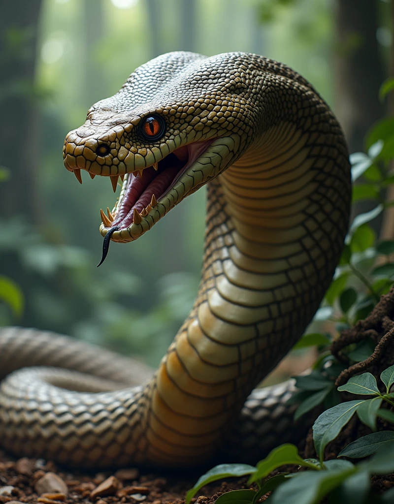 "A realistic, large King Cobra in a defensive posture, with its hood expanded and hissing menacingly. The snake should be shown in detail, highlighting its distinctive scales, the hood's pattern, and the intense expression. The background should be natural, perhaps a forest floor or a jungle setting, to emphasize the snake's natural habitat."