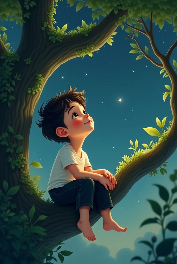 A  boy wearing a white t shirt and black pant sitting on a bought of tress which colour is like a tree and has some leaves. The boy looking at the sky and sky have some star, This image shows cuteness of the boy. 