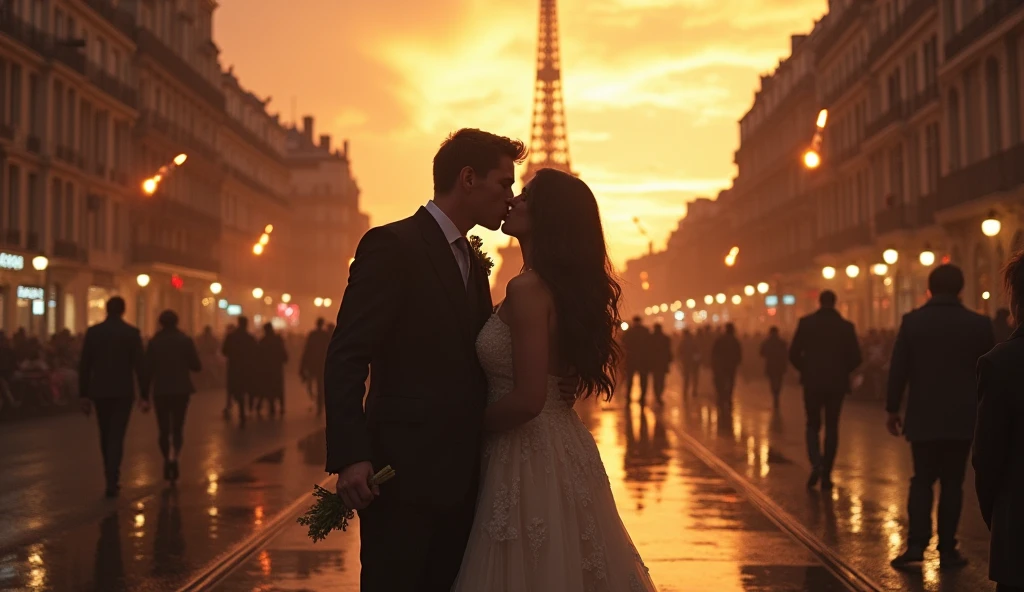 2024 Paris in chaos; couples kissing in the streets. Bombs falling from the sky