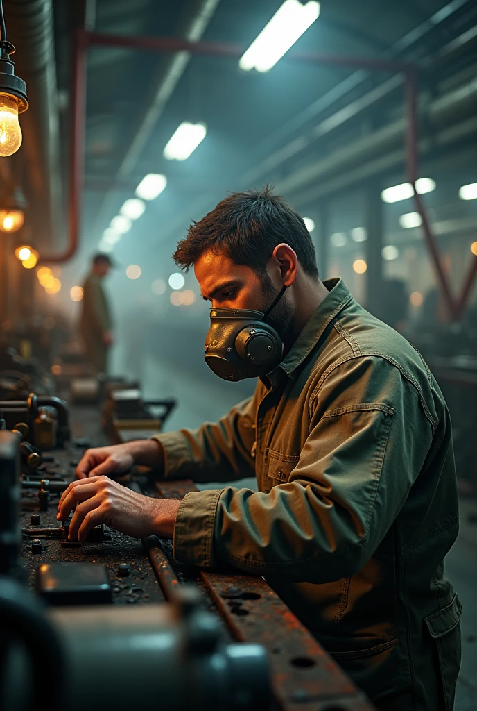 A man is working in a factory, there are many machines next to him.