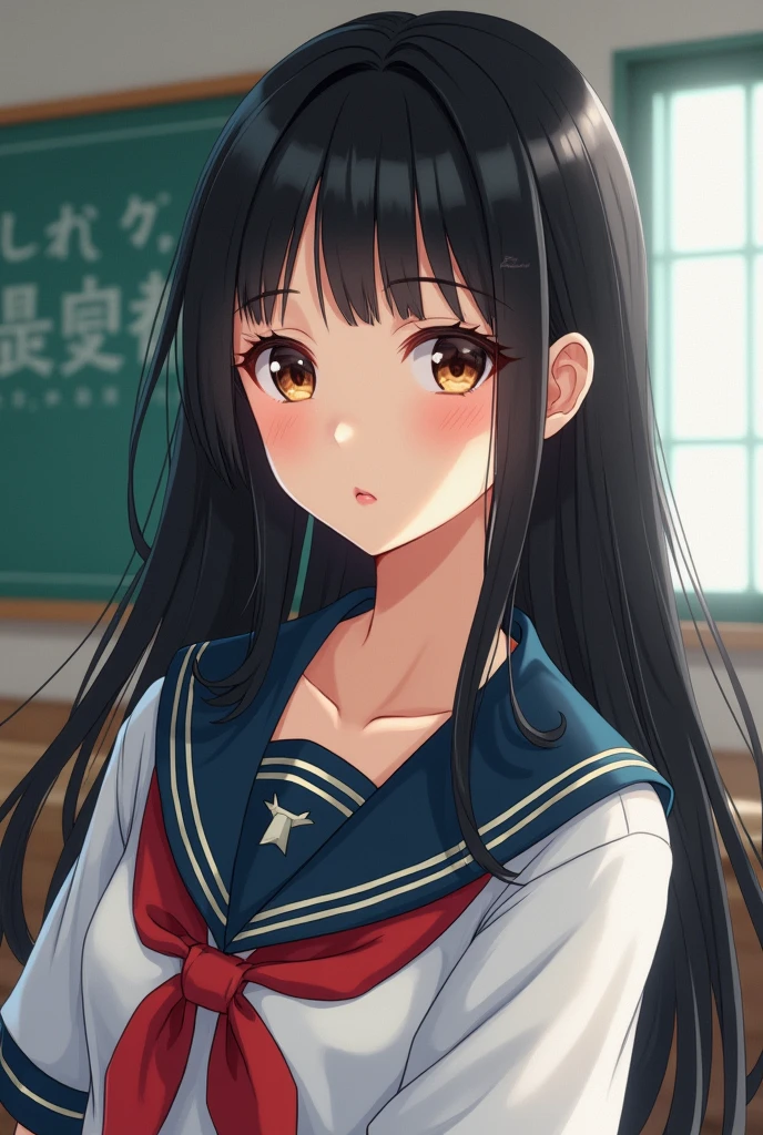 (masterpiece,best quality:1.4),(8K,RAW photos,Reality:1.4),Ultra-high resolution, ,(Radiant Skin:1.4),Delicate skin,Delicate face,Delicate eyes,(Beautiful shiny eyes:1.2),Symmetrical eyes,Detailed ears,one person,Natural Makeup,High school girl,(((Japanese Idol))),(Japanese Face Hole),Detailed background,vivid background,Beautiful and shiny hair,,((Average Breasts)),,(Detailed Summer school uniforms for senior High school girl Japan),,((Pointed face)),Natural light,,(Very detailed ,Trendy designs for 2024,Online shopping,LUMINE® Marketplace,),Trendy hairstyles,Black_hair,long_hair,Upper Body,,(Detailed classroom of a girls' high school,,Great location.),,Real life female students、、Casual pose