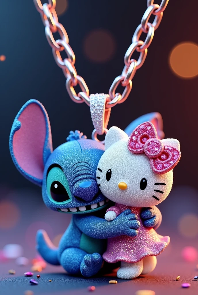 A Cuban chain necklace with a pendant featuring Stitch and Hello Kitty hugging each other made of forward-facing diamonds.