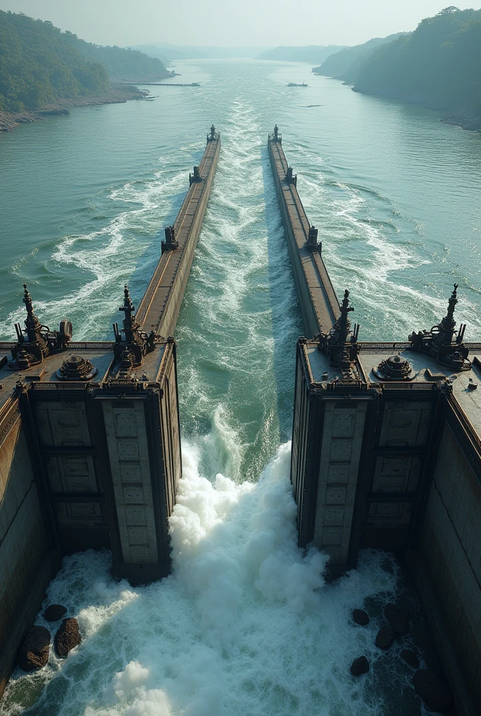 A close-up of the Farakka Dam's water gates in operation, illustrating the diversion of water from the Ganges River into the Hooghly River.