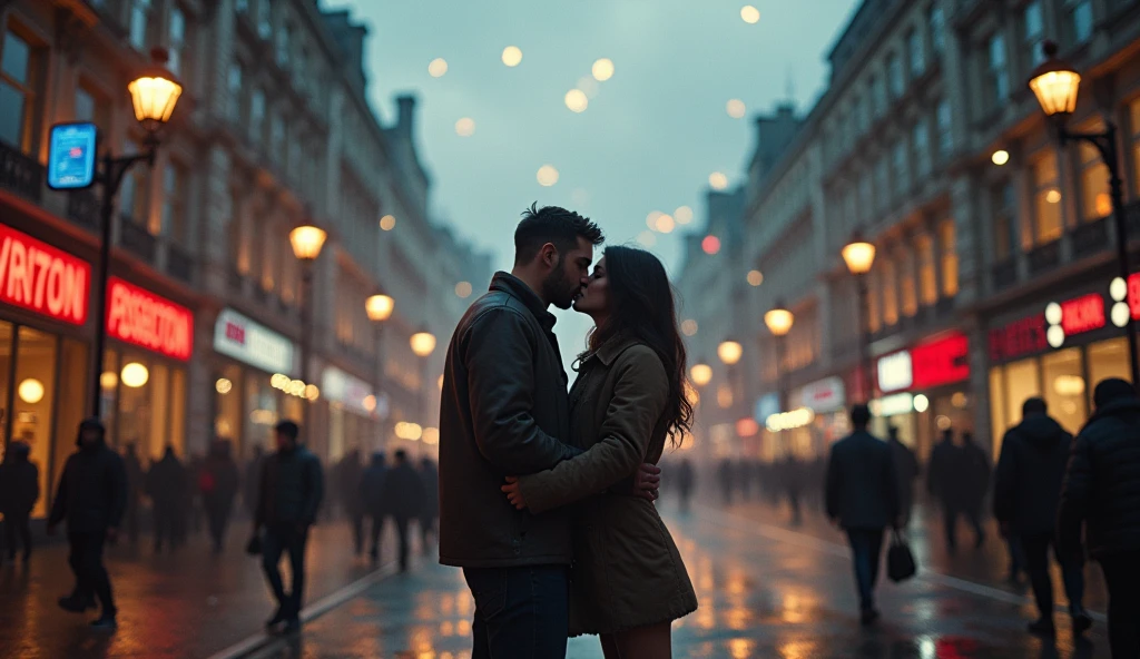 2024 London in chaos; couples kissing in the streets. Bombs falling from the sky