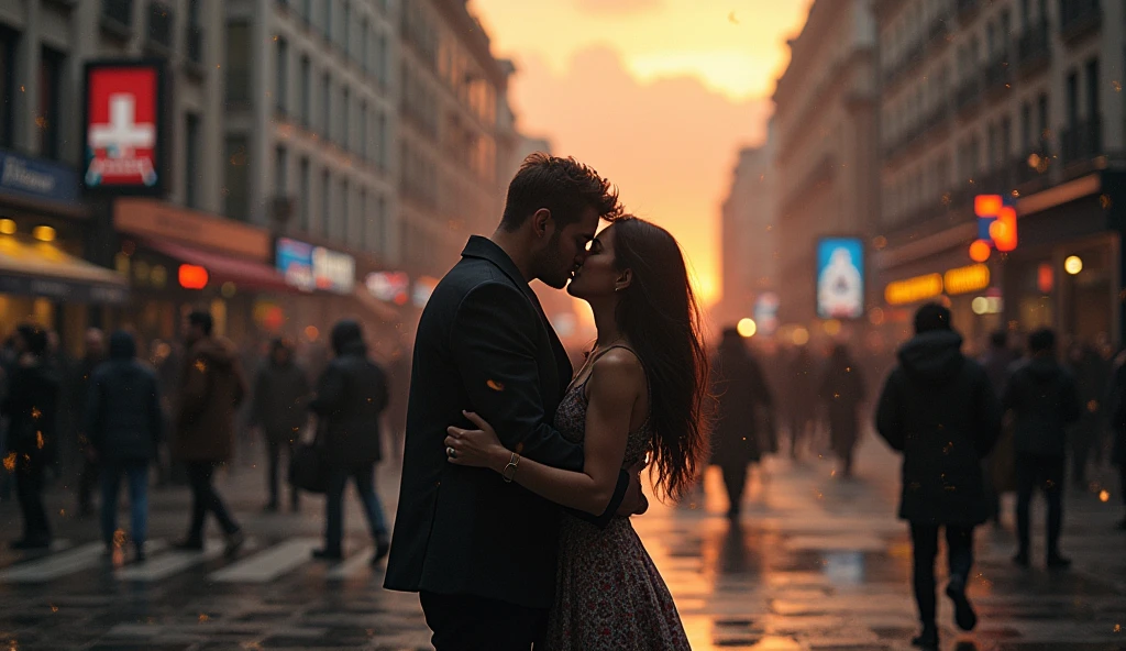 2024 London in chaos; couples kissing in the streets. Bombs falling from the sky