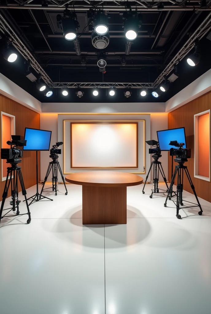 create a news studio. the colors must be different shades of brown and also grey. there's a table, TV's, and Cameras. The floor must be white. NO PEOPLE JUST STUDIO