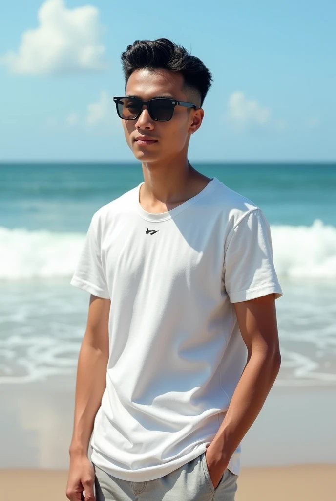 (photorealism) Pria indonesia umur 19 tahun ,badan kurus dan pendek (short) ,gaya rambut (short slicked back) di pantai dengan background ombak ,Memakai kaos branded putih dan celana pendek,memakai kacamata hitam ,tanpa alas kaki ,