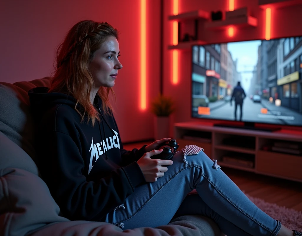 (Photorealism:1.2), Attractive Scandinavian woman in her mid-30s。, Wavy, shoulder-length auburn hair、small, A scattered braid hangs down the center of her hair.、Spacious, Cool with a black Metallica hoodie, She was wearing ragged blue jeans、In a dimly lit bedroom with red and orange RGB hanging from the ceiling、Sitting on a fluffy bean bag sofa、Xbox Series XでTom Clancy's Watching intently on a big screen TV while playing The Division 2。
