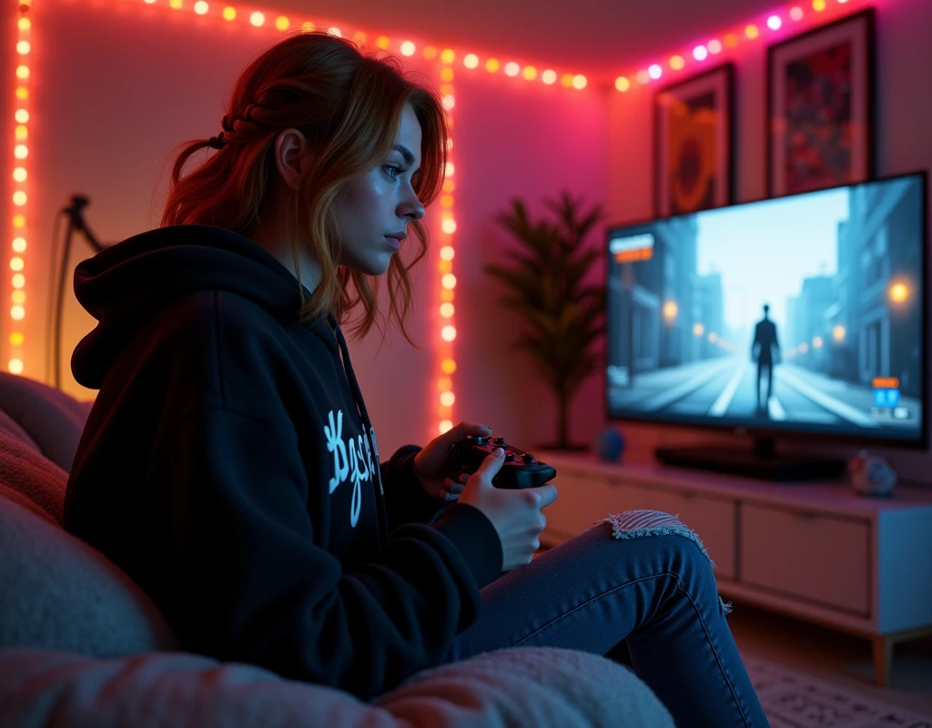 (Photorealism:1.2), Attractive Scandinavian woman in her mid-30s。, Wavy, shoulder-length auburn hair、small, A scattered braid hangs down the center of her hair.、Spacious, Cool with a black Metallica hoodie, She was wearing ragged blue jeans、In a dimly lit bedroom with red and orange RGB hanging from the ceiling、Sitting on a fluffy bean bag sofa、Xbox Series XでTom Clancy&#39;s Watching intently on a big screen TV while playing The Division 2。