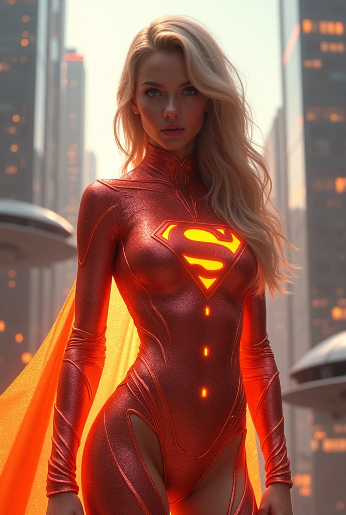 AN INCREDIBLY SEXY, CUTE AND SHY FUTURISTIC SUPERGIRL WEARING A SYNTHETIC LIQUID LAVA SUPERGIRL COSTUME AND CAPE. ABSURD 8K DETIALS AND TEXTURES. MASTERPIECE.