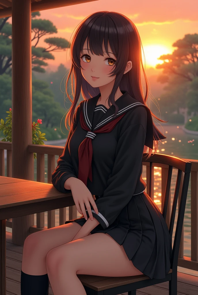8k, masterpiece, highest quality, ultra high resolution, highest resolution, very detailed, professional lighting, orange light lighting、Backlight、Detailed CG、Low angle from the front、full body shot、Beautiful woman、beautiful eyes、(detailed face and iace:1 2)、narrow eyes、almond eye、brown eyes、gradation eye、highlight:1.2)、(beautiful black hair、long hair、asymmetrical bangs、(plump lips) 、(oval face : 1.4)、(thin fingered arms、detailed human hand)、(table top, highest quality:1.2), nostalgic、wooden warehouse、Scenery with Japanese wooden houses、sitting in veranda、ancient folk house、pine tree、plant、beautiful japanese garden、beautiful red sunset、vapour、crap、white breath、full body pose、A girl who blends into the scenery、sitting in a chair、Beautiful woman, small face、white skin、very cute, 、(fine eyes、bright eyes、Gradient eyes:1、Beautiful eyes drawn in detail:1、symmetrical eyes:1、Big eye highlight:1.2)、thin hair、brown eyes)、Breasts are medium in size、(black brown hair、very short hair:1.4)、(black sailor suit、serafuku:1.4)、thin and long legs、beautiful hip line、beautiful spine、constricted back、tight waist、JK black skirt 、pleated skirt、Hip line emphasis、black socks、black stockings、brown eyes,face is a little red, beautiful breasts、Breasts are A cup、Shoes are loafers、Split ends of long hair) 、(round face: 1.4)、gentle smile、open your mouth、teeth visible、black knee high socks、open legs, tight panties