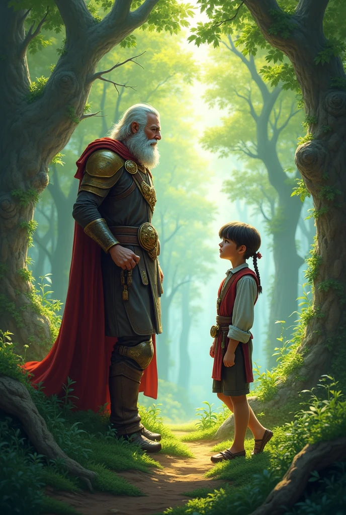 A powerful leader giving an invitation to a young, new adventurer in a forest