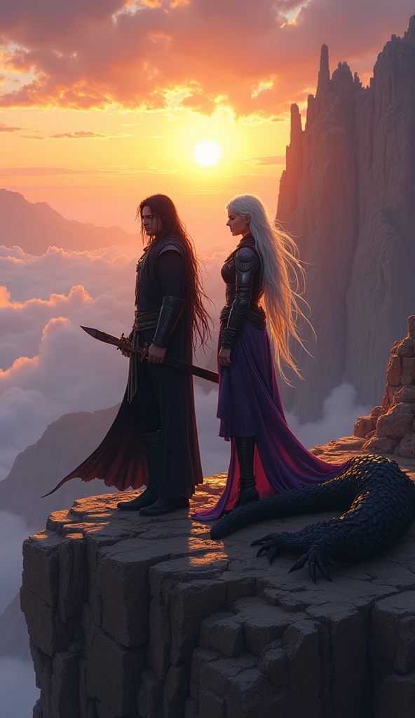 In the aftermath of their epic adventure, Vortex and Raven stand side by side on a rocky cliff, overlooking a vast, breathtaking landscape. The sun is setting, casting a golden glow across the sky, painting the clouds in shades of orange and pink. Below them, a majestic dragon, its scales shimmering in the twilight, coils gracefully on a plateau, gazing up at the two heroes with wise, ancient eyes.
Vortex, the dark warrior with long black hair and a flowing black coat, grips his sword with a newfound sense of purpose. His once-brooding demeanor has softened, a quiet determination now evident in his eyes. Beside him, Raven, the silver-haired elven archer in deep purple leather armor, stands tall, his black bow resting at his side. The wind gently tousles his hair, and a calm smile plays on his lips.
As they look out over the horizon, the trials of their journey flash through their minds— the battles they fought, the challenges they overcame, and the moments of doubt they conquered. They have grown, not just as warriors, but as individuals. Through their adventure, they have learned the true meaning of courage and wisdom.
Behind them, the dragon lets out a low, rumbling growl, a sound of deep contentment and mutual respect. The bond between human and dragon, once fragile and uncertain, has been forged into something unbreakable. Vortex and Raven turn to the dragon, nodding in acknowledgment of the shared experiences that have bound them together.
The scene is one of quiet triumph and reflection, a moment of peace before the next chapter of their lives begins. The sun dips below the horizon, and as darkness falls, the three companions—human, elf, and dragon—stand united, their bond stronger than ever, ready to face whatever challenges the future may hold.