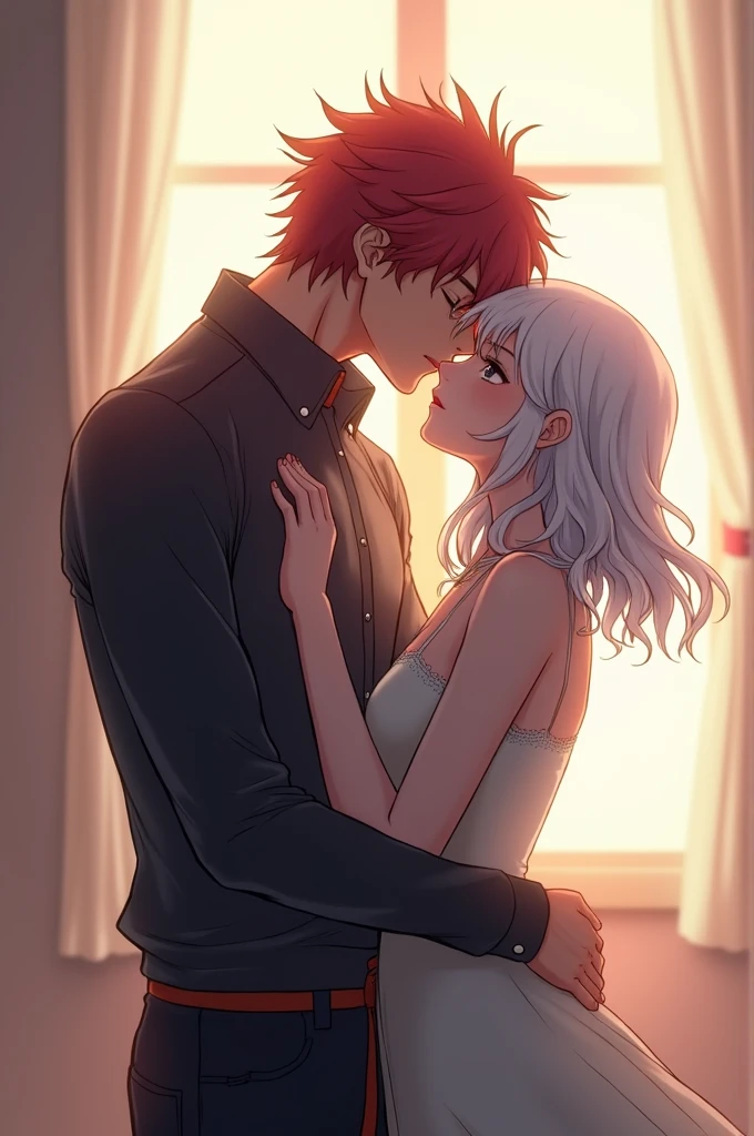 Shoto Todoroki kissing a girl shorter than him with wavy white hair down to his ears, slim body with standard breasts and dark but striking eyes