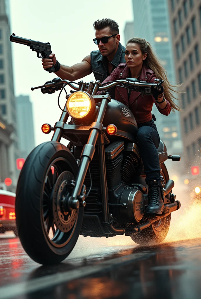 In America two person in one incredible bike chasing cars with Gun side view