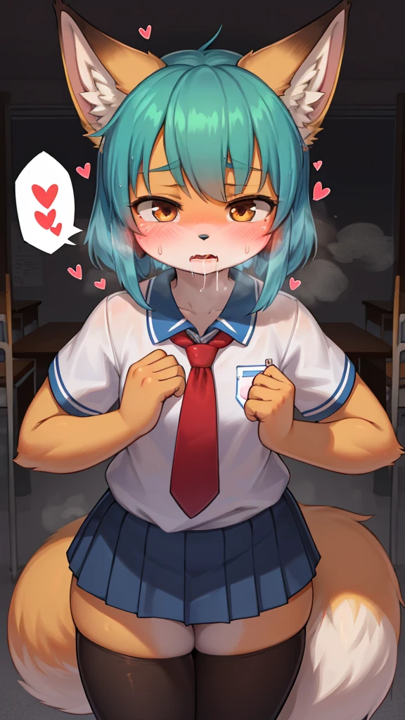 horror , The spirit of a Tiny female fox disguises herself as a  and attends a school attended by humans , (Suck out the energy of Reluctant male students) , moist thin eyes , glossy lips , Swollen cheeks , heart is beating fast , steamy breath , Impersonating a human , delicious