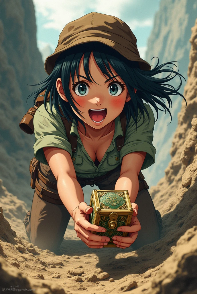 Japanese anime style,woman,地の底から這い上がっているwoman,The clothes are dirty,Trying to crawl up,treasure hunter,泥まみれのwoman,Holding the treasure,Japanese Style,アニメのwoman,Very happy